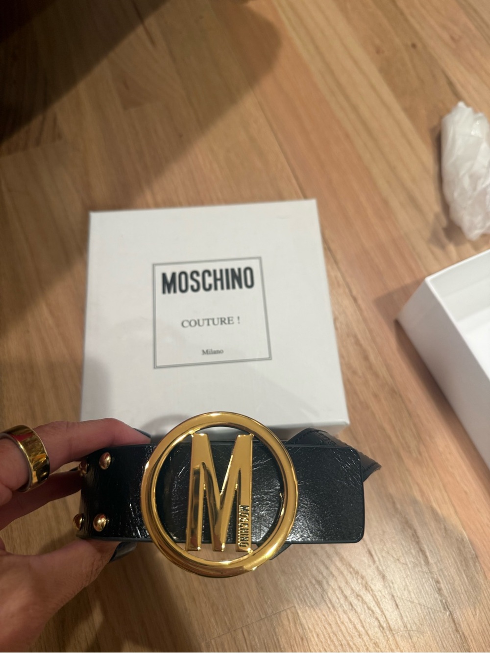 Moschino Black Leather Belt with Gold 'M' Logo Buckle